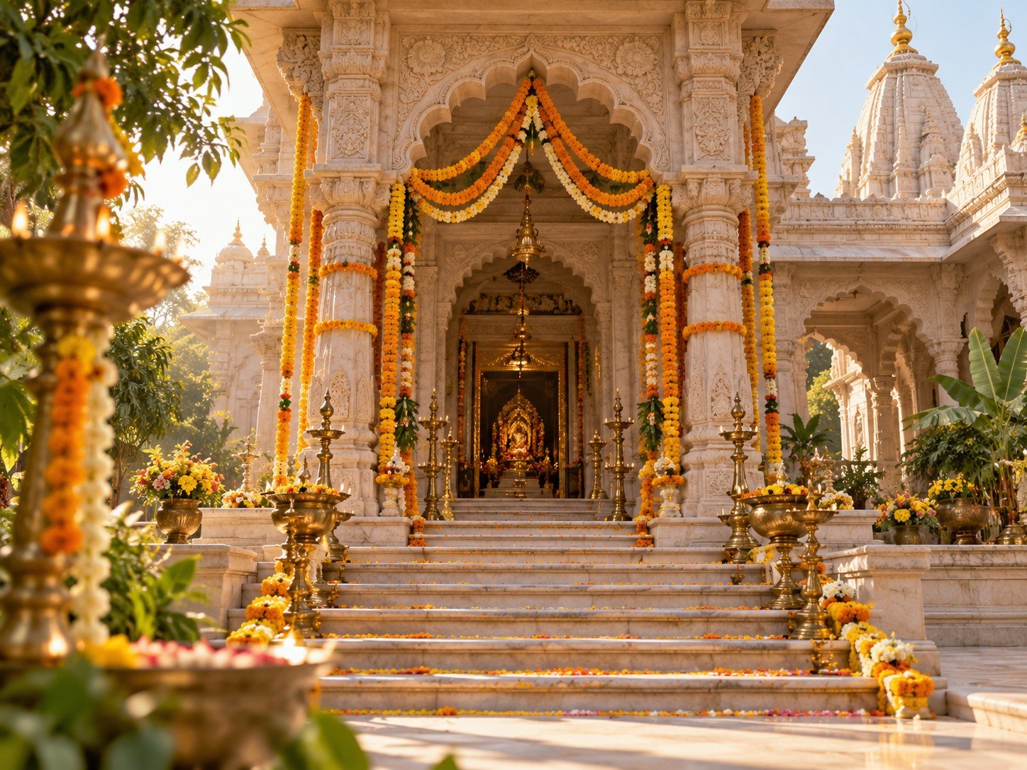 Indian temple-inspired floral entrance in Vrindavan